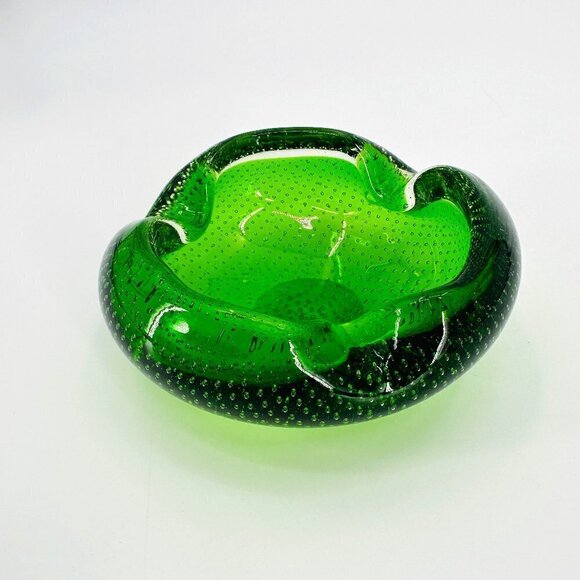 Vintage Green Blown Glass Retro Small Bubble Ashtray Holder - Picture 1 of 9